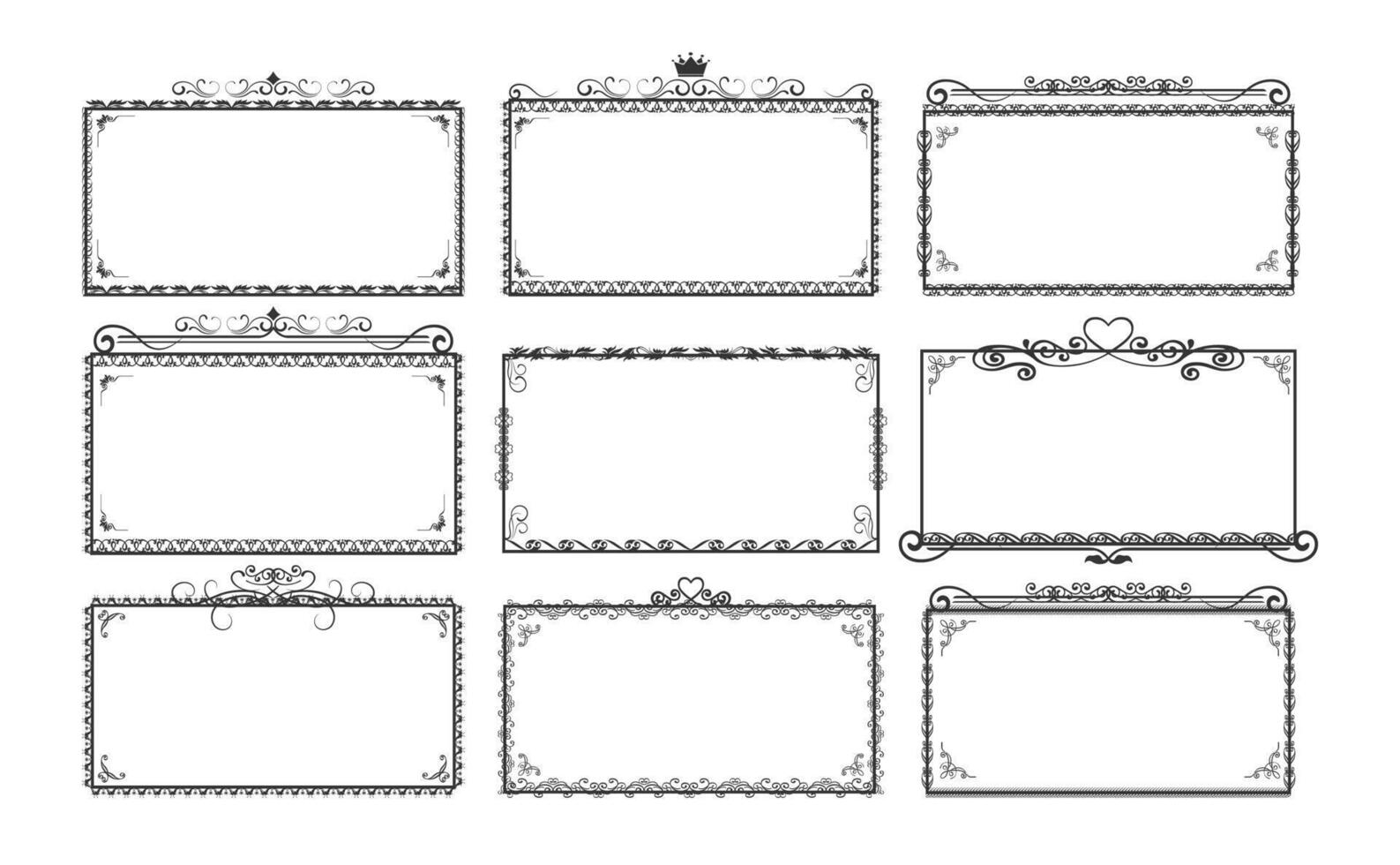 årgång prydnad ram. dekorativ ram gräns. elegant rektangulär ram. samling av svart calligraphic bläck gräns ramar vektor