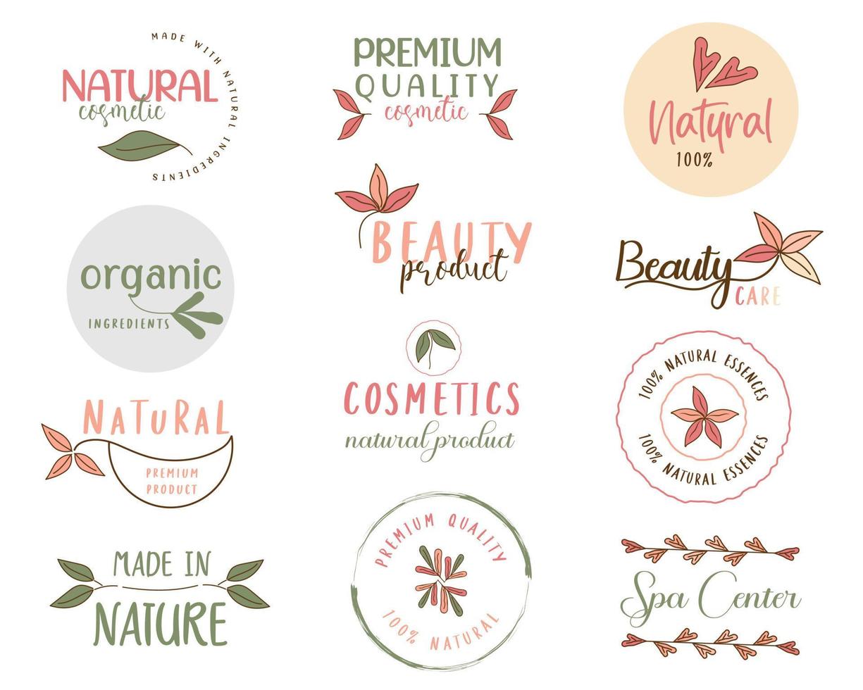 Set aus Etiketten und Aufklebern für Naturkosmetik, Bio, Blumen, Gesundheitswesen, Schönheit, Wohlbefinden. Vektorillustration für Werbematerial, Webdesign, Verpackungsdesign und mehr. vektor