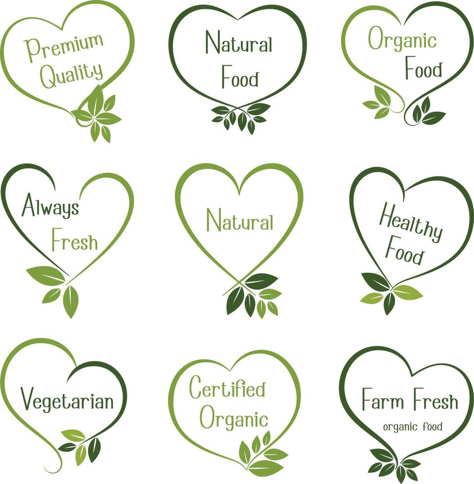 organisk mat, naturlig produkt och friska liv logotyp, klistermärken och märken. vektor