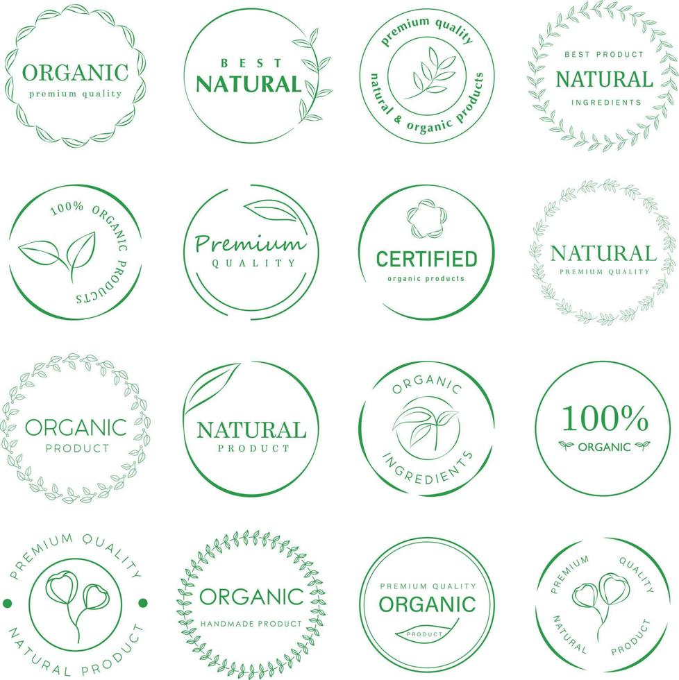 Logos für Bio-Lebensmittel, Naturkost, gesunde Lebensmittel und Bio- oder  Naturprodukte, Sammlung von Symbolen, Abzeichen und Aufklebern für den  Lebensmittel- und Getränkemarkt, E-Commerce, Bio-Produkte, Werbung für  Naturprodukte. 17035256 Vektor Kunst