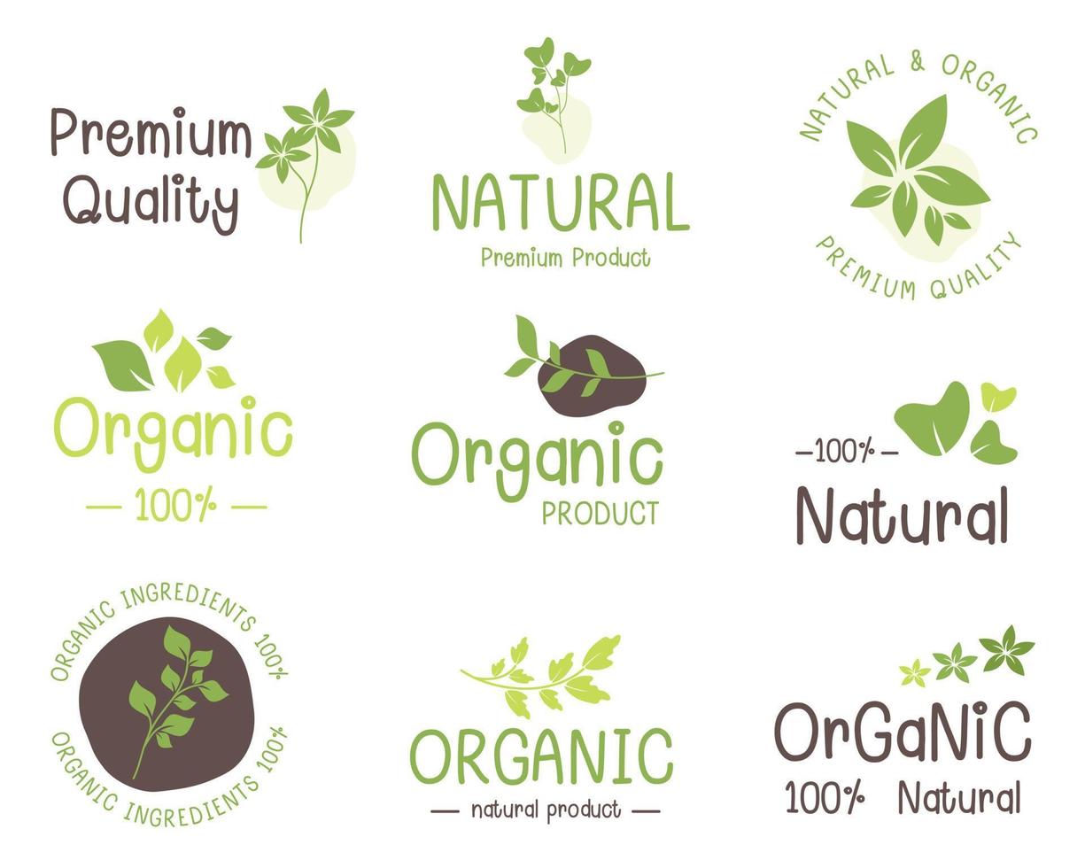 Logos für Bio-Lebensmittel, Naturkost, gesunde Lebensmittel und Bio- oder Naturprodukte, Sammlung von Symbolen, Abzeichen und Aufklebern für den Lebensmittel- und Getränkemarkt, E-Commerce, Bio-Produkte, Werbung für Naturprodukte. vektor