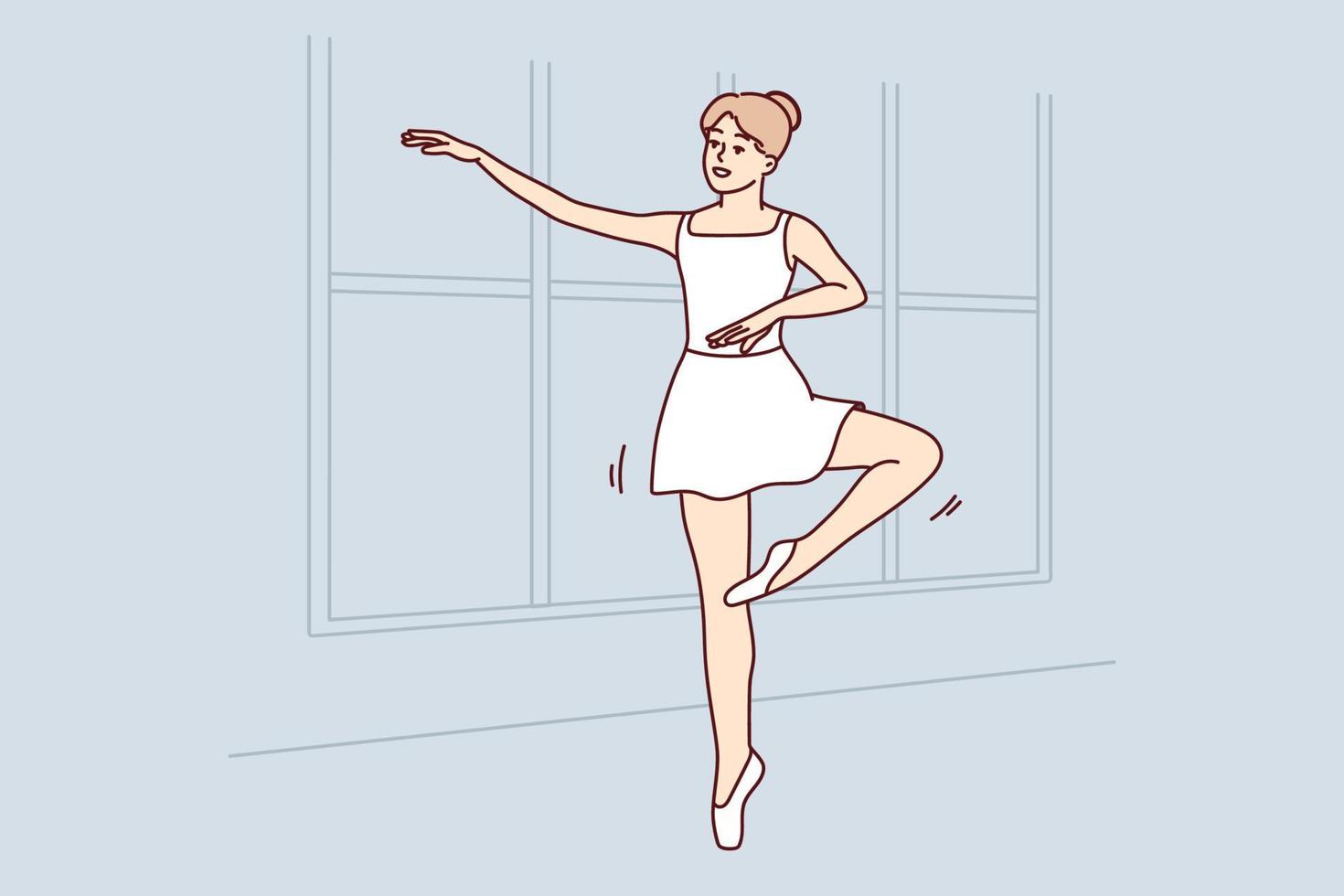 junge frau im tutu tanzt in der schule. lächelndes Mädchen in Kleiderpraxis Ballerina bewegt sich drinnen. Hobby und Unterhaltung. Vektor-Illustration. vektor