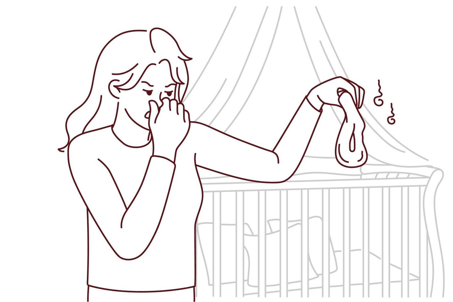 olycklig ung mor stänga näsa känsla avsky innehav illaluktande bebis blöja. bedrövad mamma äcklad med stinkande barn blöja. vektor illustration.
