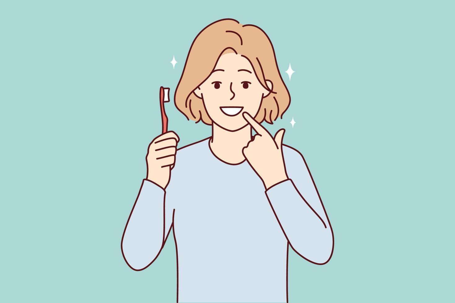 leende flicka med tandborste visa på vit rena tänder. Lycklig barn rekommendera tänder pensling och oral vård. dental vård begrepp. vektor illustration.