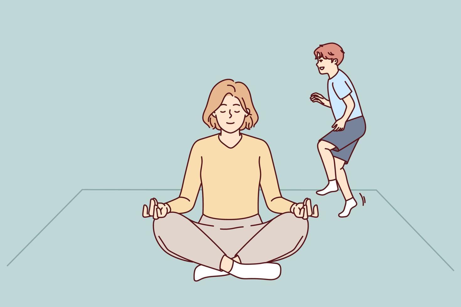 ruhige junge mutter meditiert zu hause mit spielendem kind in der nähe. entspannte Frau sitzt im Lotussitz und praktiziert Yoga, abgelenkt von ungezogenem Kind. Vektor-Illustration. vektor