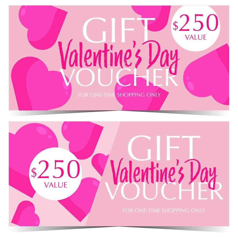 gåva voucher design mall för hjärtans dag handla. vektor illustration av romantisk överraskning gåva kupong eller certifikat med rosa hjärtan för fest av helgon valentine på februari 14.