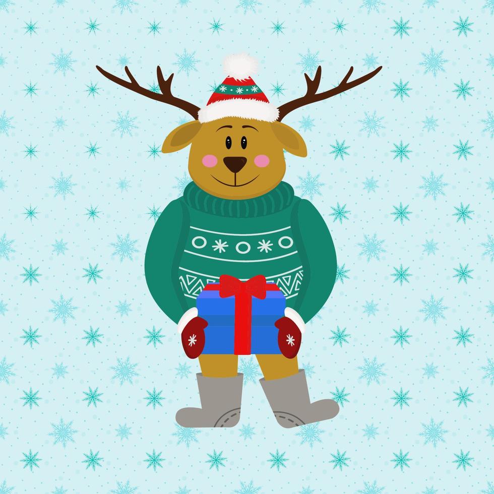süßes Reh mit großen Hörnern und einem grünen Pullover auf blauem Hintergrund. süßes Reh mit einem Geschenk in seinen Händen. lustige Vektorillustration eines Rehs. neujahr, weihnachten, feiertage, werbeheld. vektor