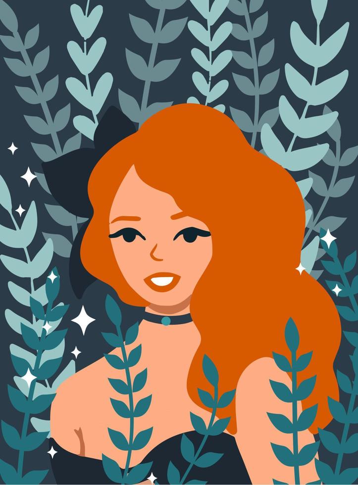 Porträt des niedlichen rothaarigen Mädchens mit floralen Elementen. Vektorillustration im Cartoon-Stil. vektor