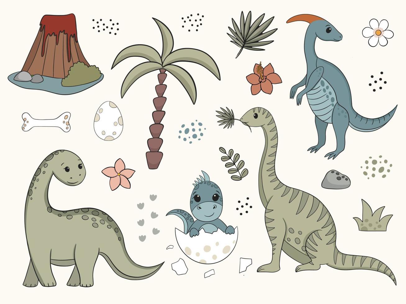 retro tecknad serie dinosaurie eller dino vektor uppsättning