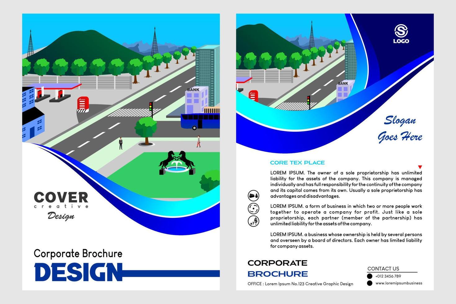 Broschürenvorlagen, Flyer, Broschüren, Coverdesigns, Vektorillustrationsvorlagen im A4-Format. Broschüre für Unternehmen. blaue broschüre im wellenmuster mit gebäude und berg isometrisch vektor