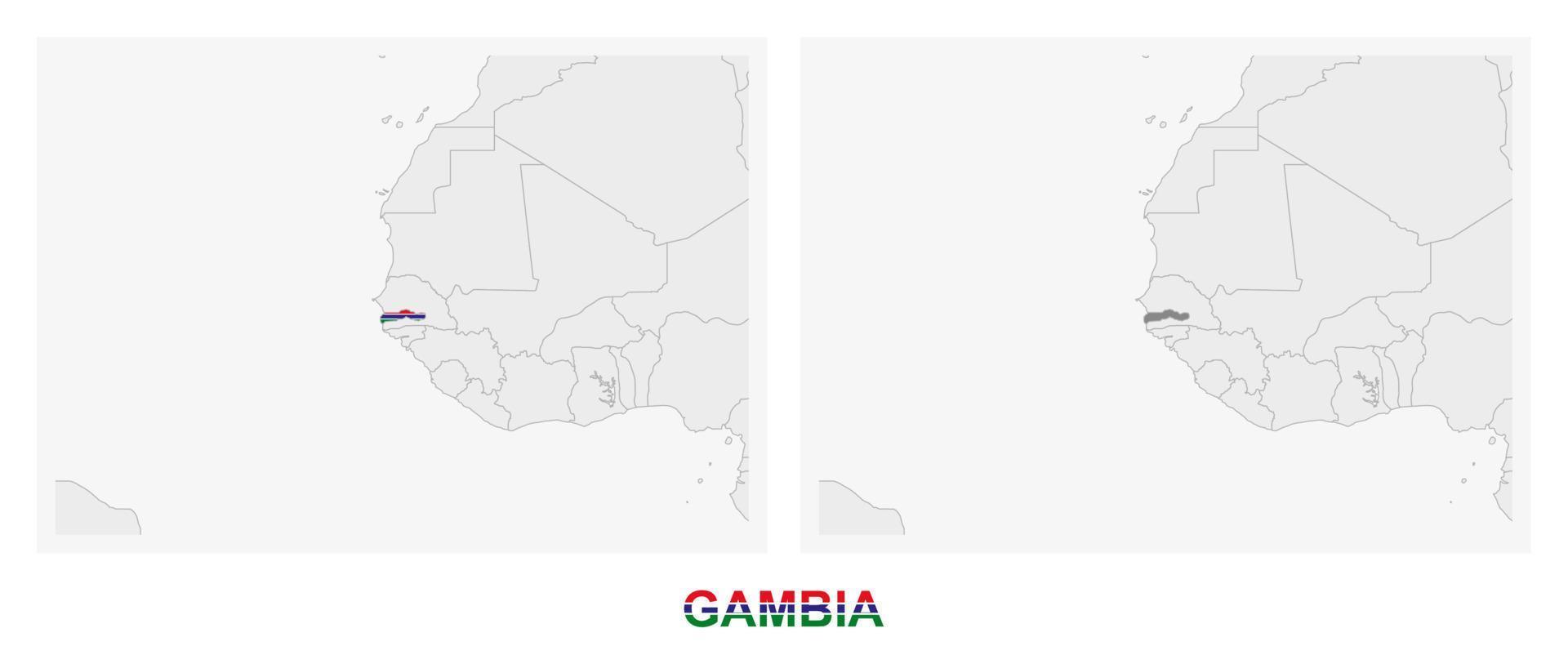 zwei versionen der karte von gambia, mit der flagge von gambia und dunkelgrau hervorgehoben. vektor