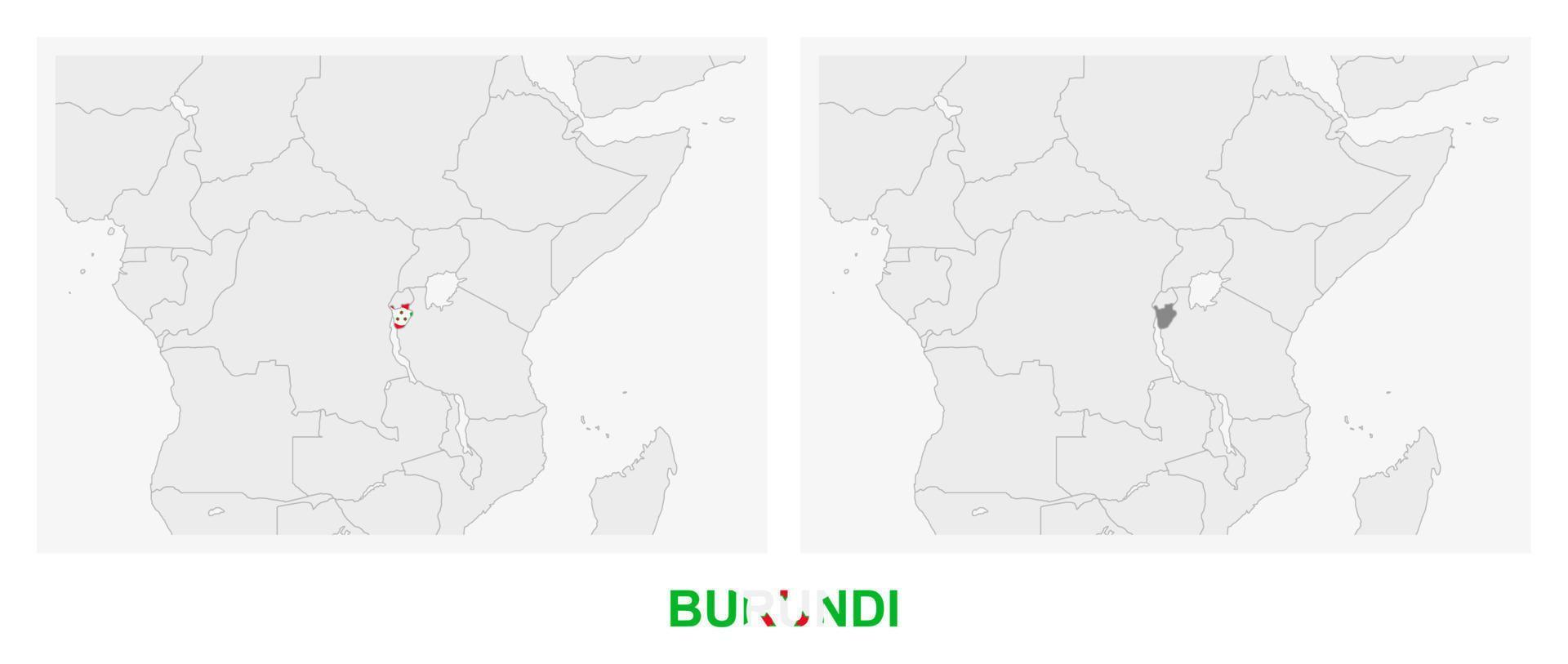 zwei versionen der karte von burundi, mit der flagge von burundi und dunkelgrau hervorgehoben. vektor