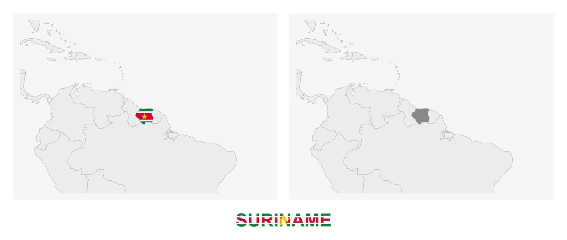 två versioner av de Karta av surinam, med de flagga av suriname och markerad i mörk grå. vektor