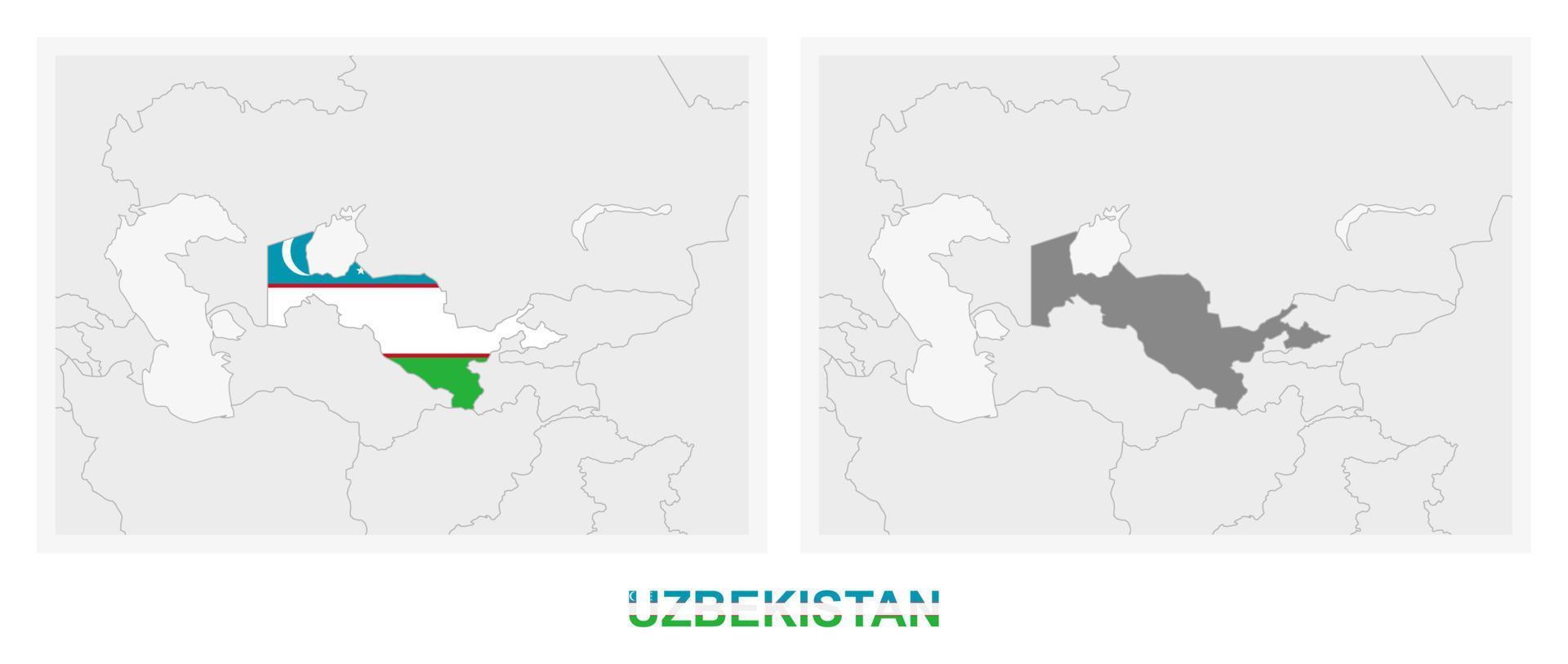 Zwei Versionen der Karte von Usbekistan, mit der Flagge von Usbekistan und dunkelgrau hervorgehoben. vektor
