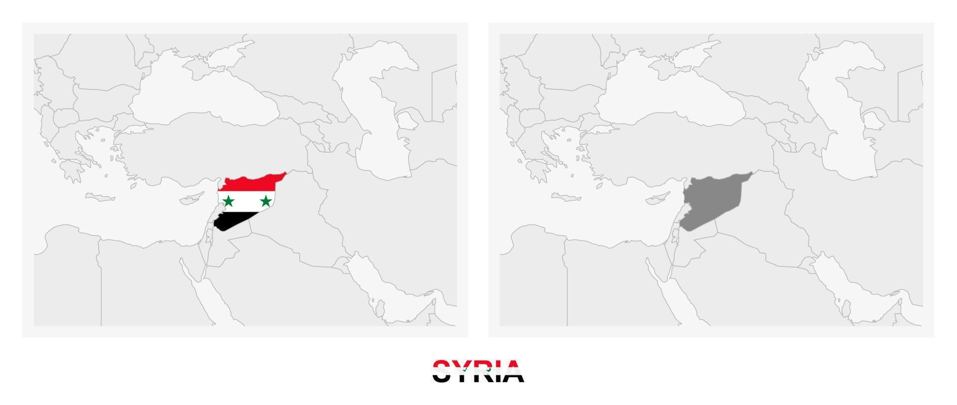 zwei versionen der karte von syrien, mit der flagge von syrien und dunkelgrau hervorgehoben. vektor