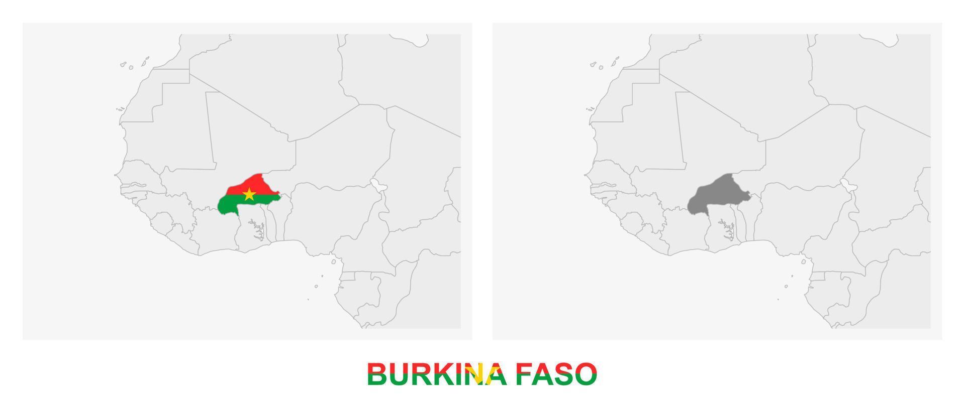 zwei versionen der karte von burkina faso, mit der flagge von burkina faso und dunkelgrau hervorgehoben. vektor