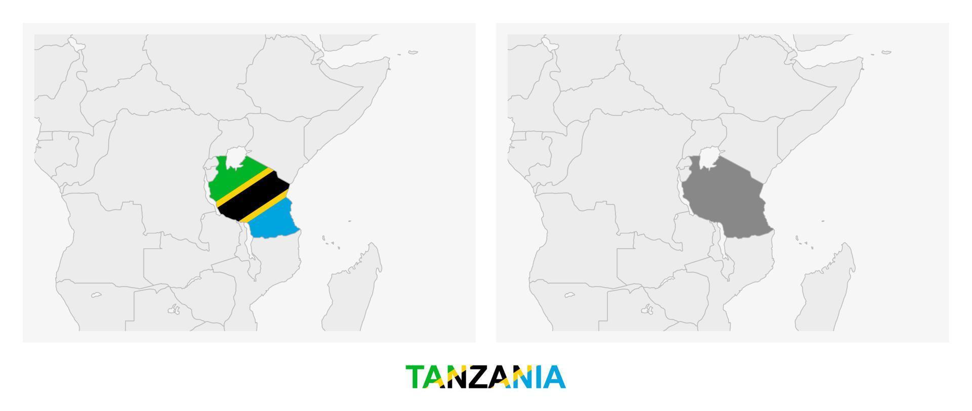 två versioner av de Karta av tanzania, med de flagga av tanzania och markerad i mörk grå. vektor