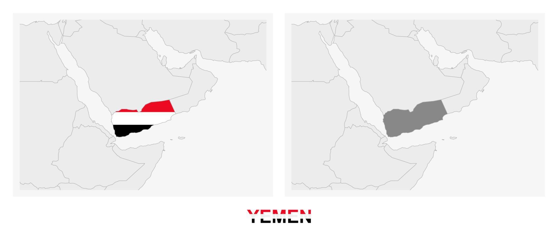 zwei versionen der karte des jemen, mit der flagge des jemen und dunkelgrau hervorgehoben. vektor