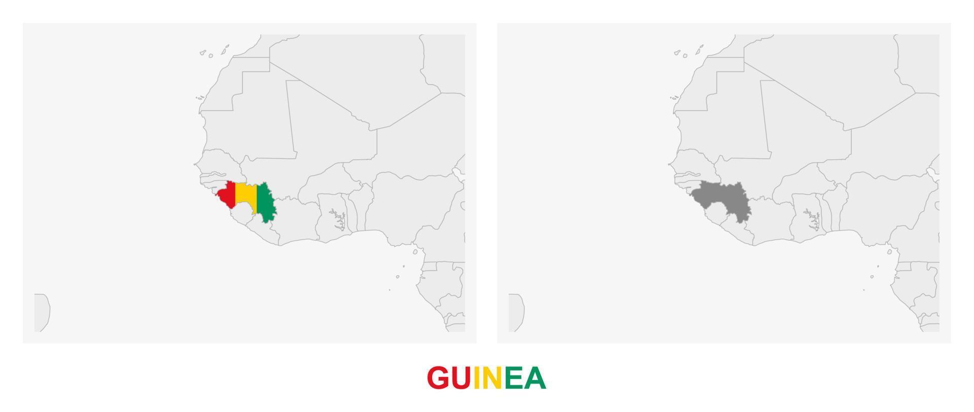 zwei versionen der karte von guinea, mit der flagge von guinea und dunkelgrau hervorgehoben. vektor