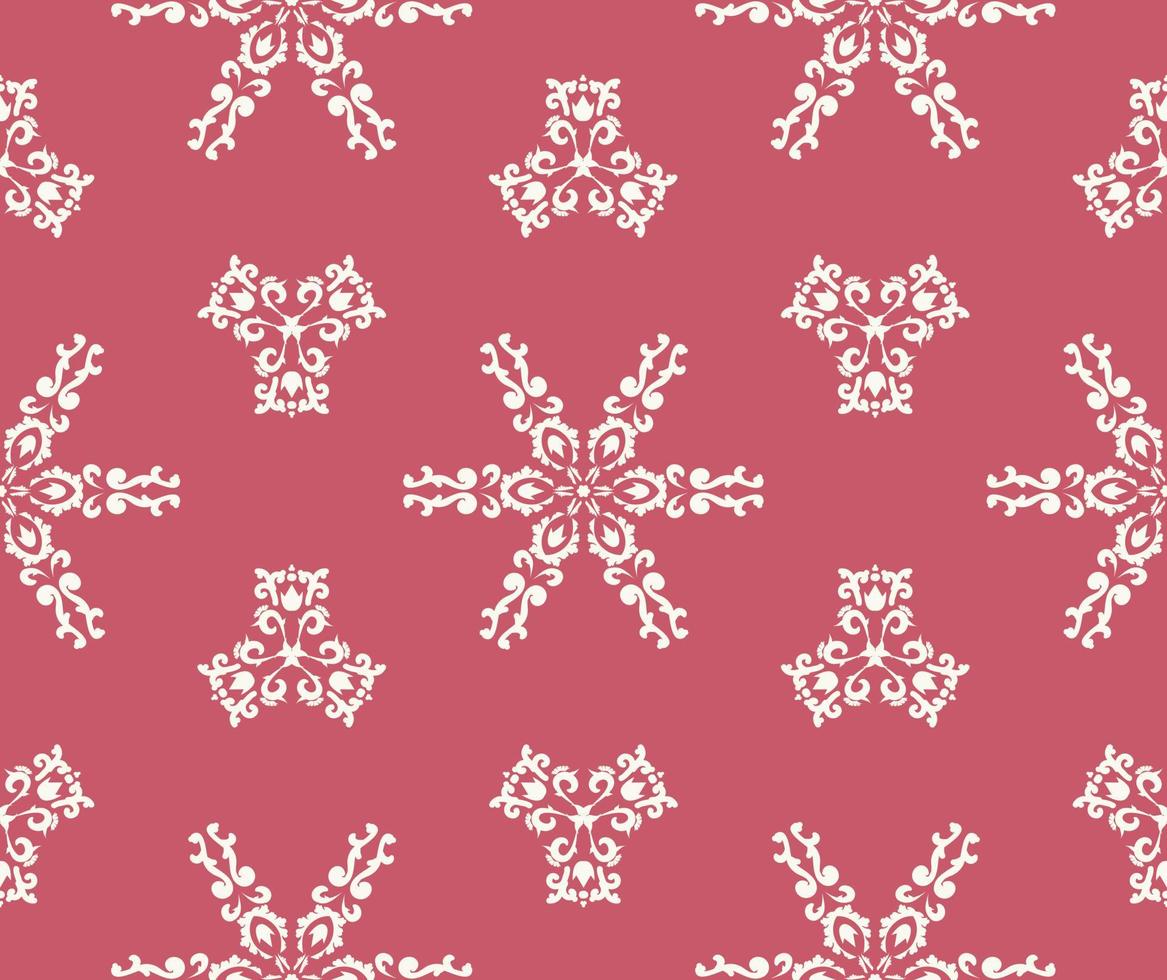 Weihnachtshintergrund. weiße Schneeflocken auf einem rosa Hintergrund. nahtloses muster der weißen verzierung auf rosa. Damastmuster. Vektorgrafik. für Stoffe, Fliesen, Tapeten oder Verpackungen. vektor