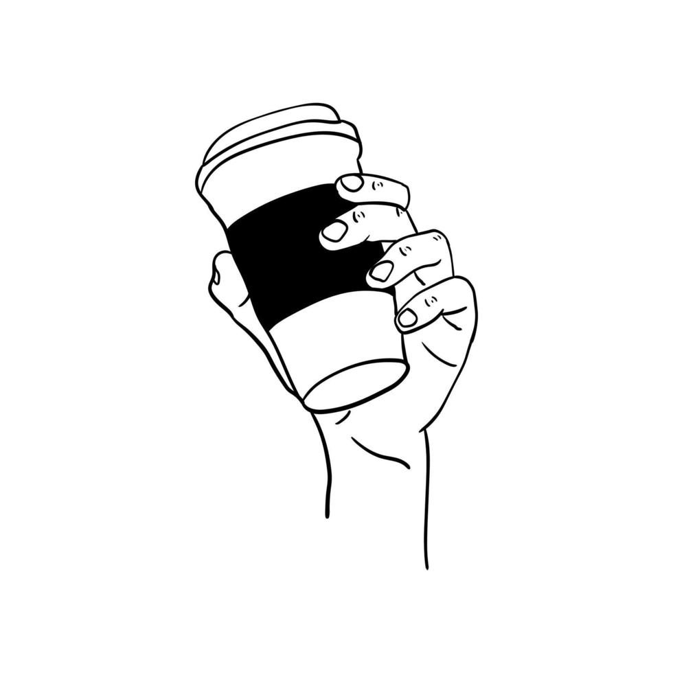 Hand hält eine Tasse Kaffee-Symbol, handgezeichnete Linienkunst der Hand, die eine Tasse Kaffee hält vektor