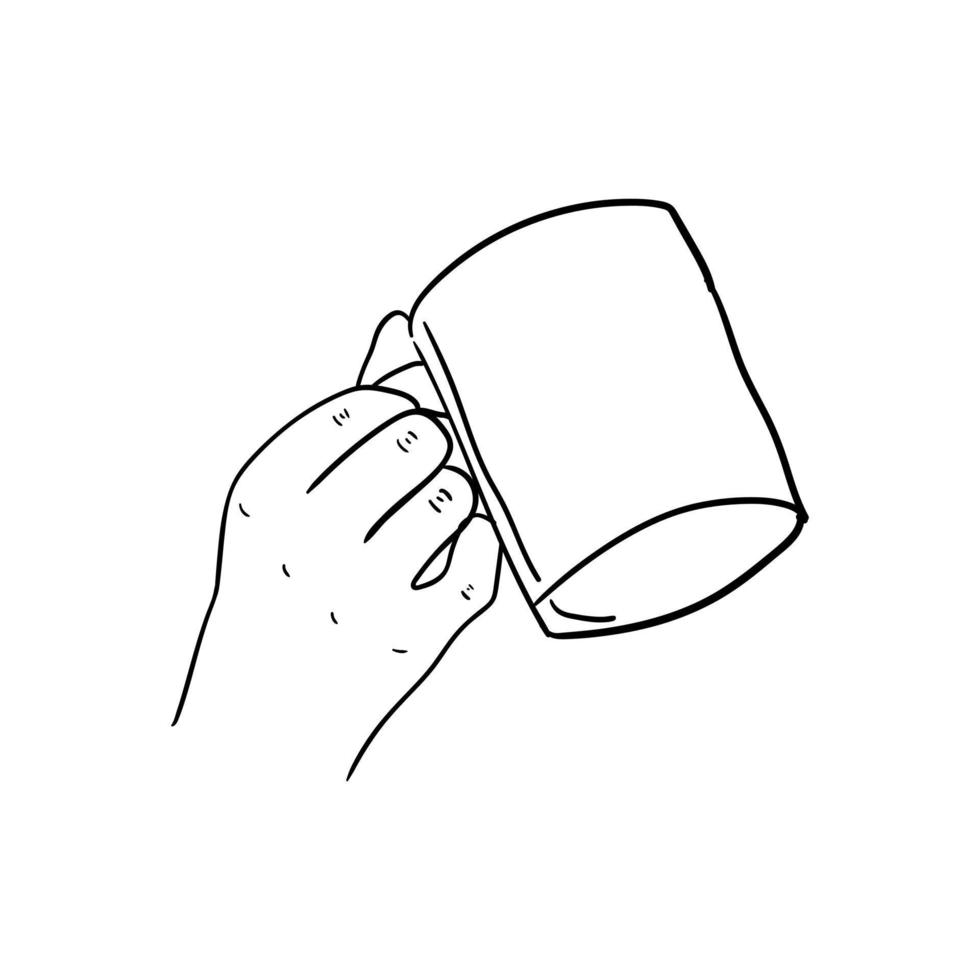 Hand hält eine Tasse Kaffee-Symbol, handgezeichnete Linienkunst der Hand, die eine Tasse Kaffee hält vektor