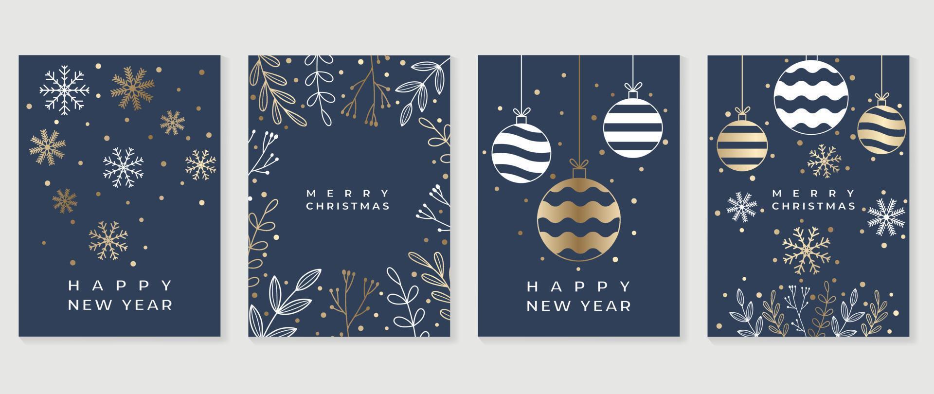 uppsättning av jul och Lycklig ny år Semester kort vektor. elegant element av gyllene och vit snöflingor, snö, struntsak bollar, vinter- blad grenar. design illustration för omslag, baner, kort, affisch. vektor