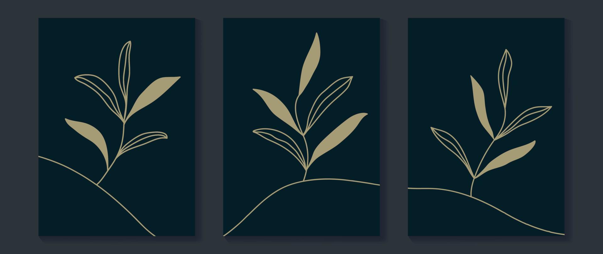 uppsättning av abstrakt vägg konst vektor illustration. samling av guld botanisk blad gren linje konst på mörk blå bakgrund. design lämplig för tapet, Hem dekor, omslag, kort, affisch, baner.