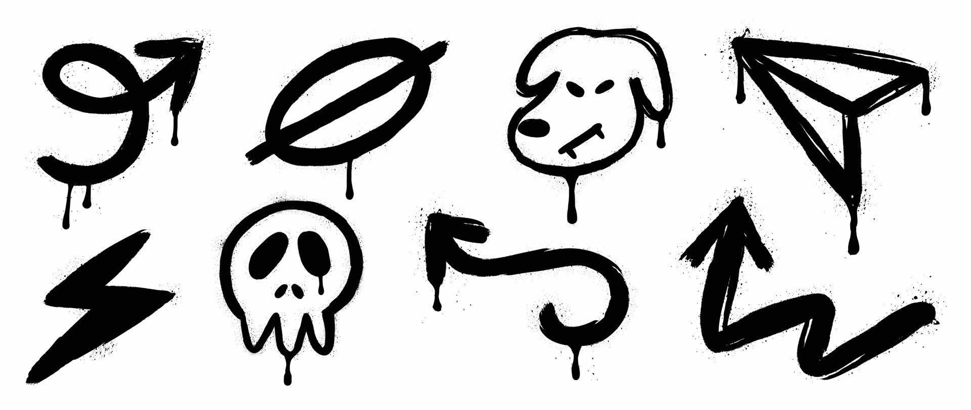 uppsättning av graffiti spray mönster vektor illustration. samling av spray textur pil, symbol, hund, skalle, blixt- bult, raket papper. element på vit bakgrund för baner, dekoration, gata konst.