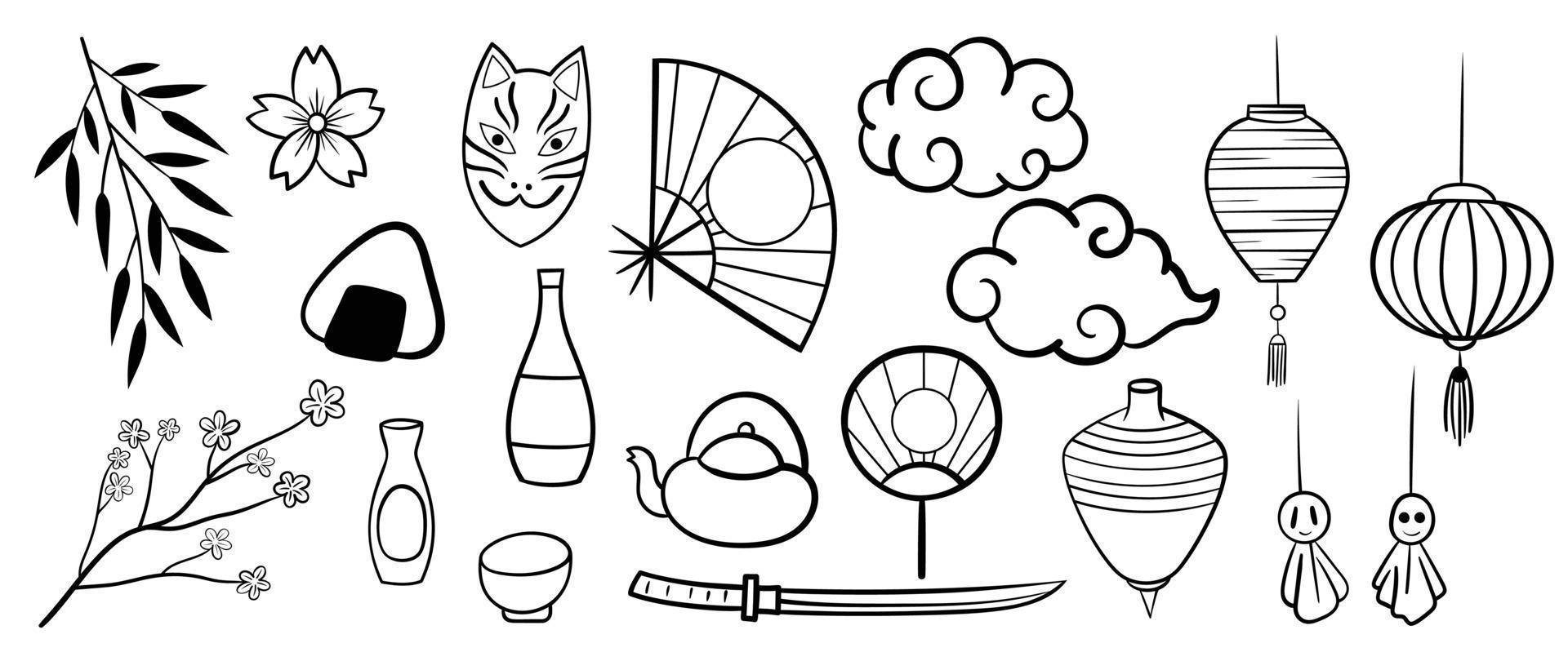 Vektorset im japanischen Stil des Neujahrselements. handgezeichnete Doodle-Sammlung aus japanischer Fuchsmaske, Fächer, Blumenblattzweig, Wolken, Laternen, Katana-Schwert, Sake-Flasche. design für aufkleber, stempel, karte. vektor