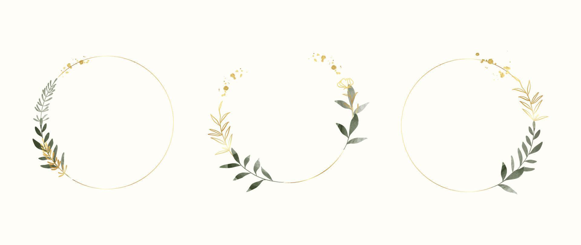 uppsättning av lyx bröllop ram element vektor illustration. vattenfärg och gyllene blad gren med cirkel ram och borsta stroke textur. design lämplig för ram, inbjudan kort, affisch, baner.