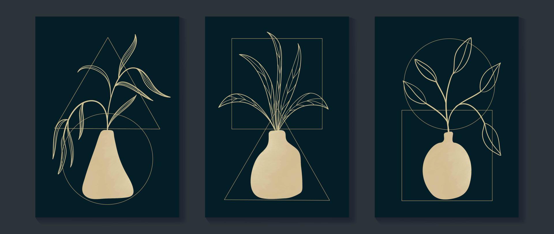 satz abstrakter botanischer wandkunst-vektorillustration. Blattgoldzweig und Vase mit geometrischer Linienkunst auf dunklem Hintergrund. design geeignet für tapeten, wohnkultur, cover, karte, poster, banner. vektor