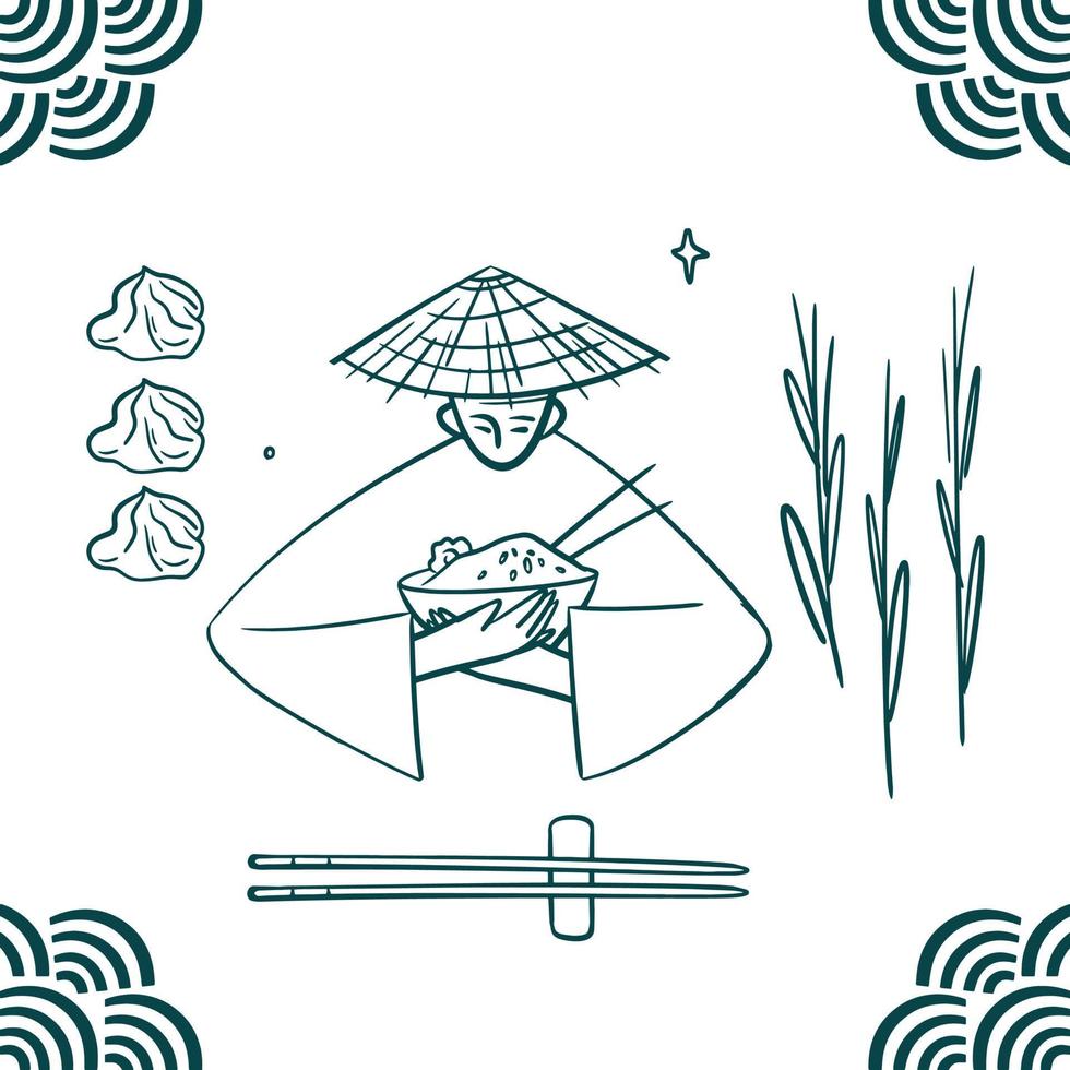 Sammlung von asiatischen Lebensmitteln ClipArt. Samurai mit Ramen-Illustration vektor