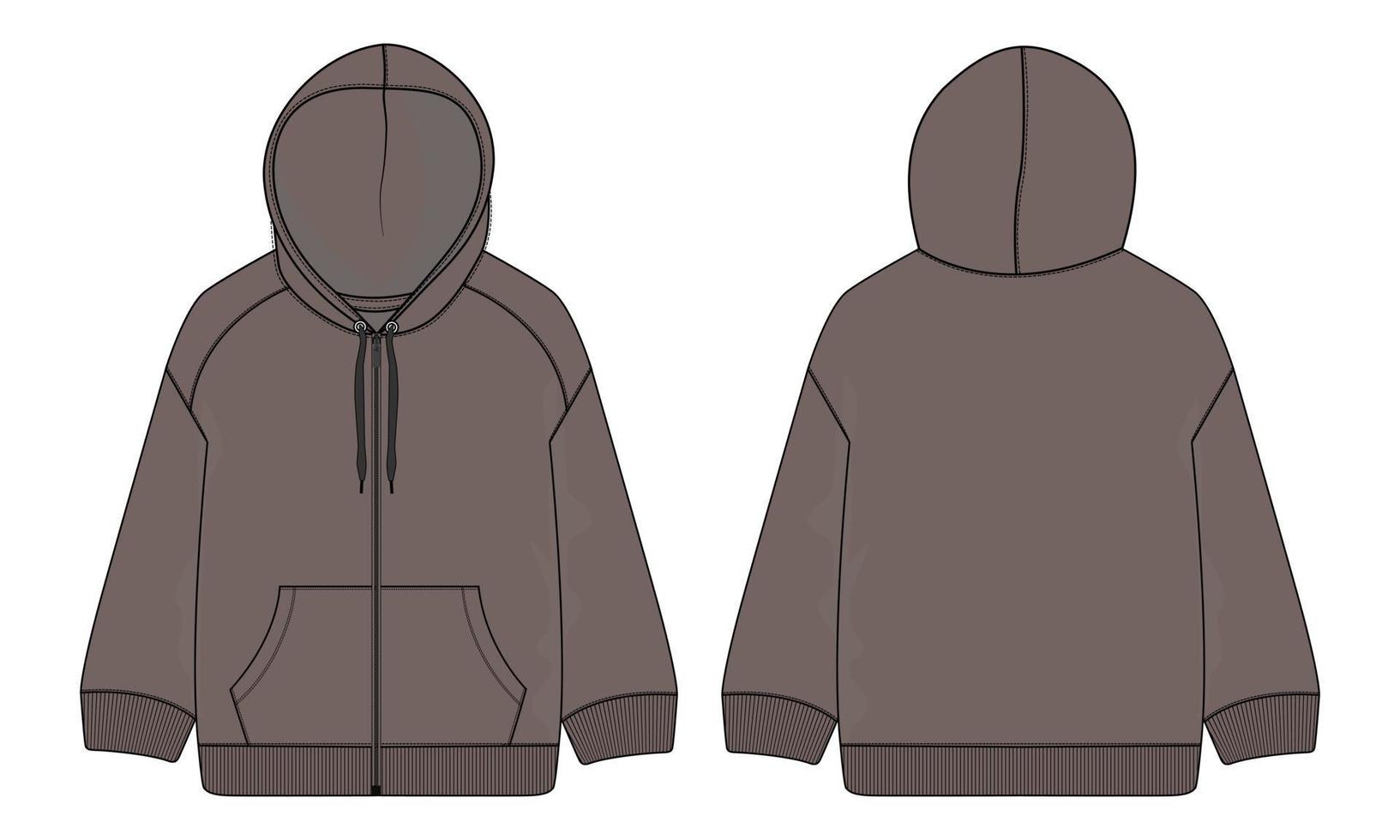 Langarm Hoodie technische Mode flache Skizze Zeichnung Vektor Illustration Vorlage Vorder- und Rückansicht.