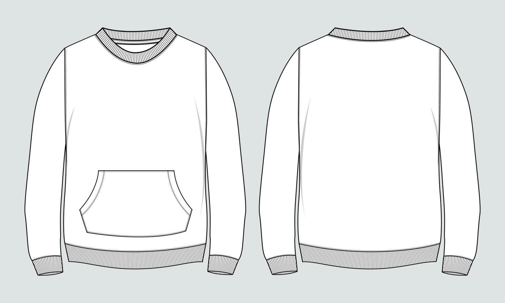 Langarm-Sweatshirt technische Mode flache Skizze Vektor Illustration Vorlage Vorder- und Rückansichten.