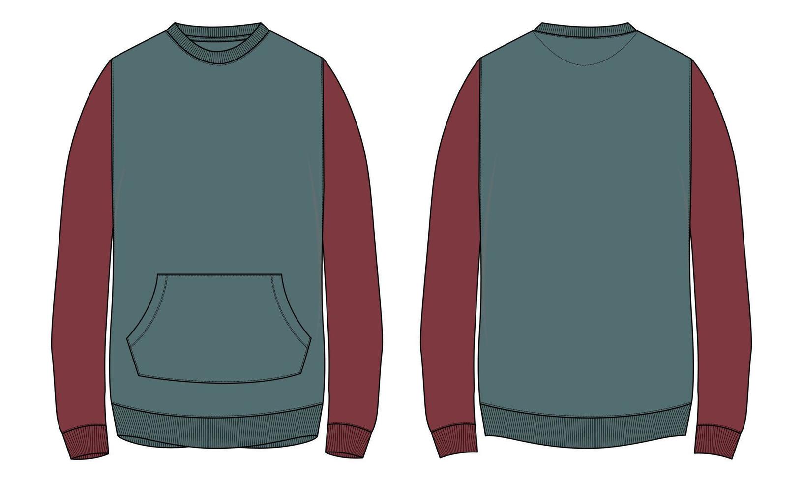 Langarm-Sweatshirt technische Mode flache Skizze Vektor Illustration Vorlage Vorder- und Rückansichten.