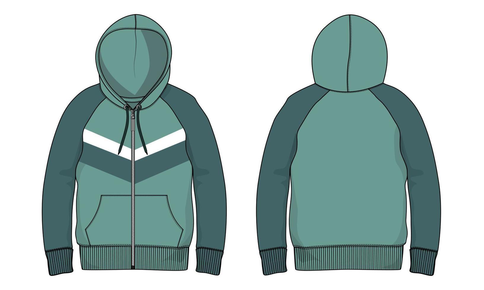 Langarm Hoodie technische Mode flache Skizze Zeichnung Vektor Illustration Vorlage Vorder- und Rückansicht.