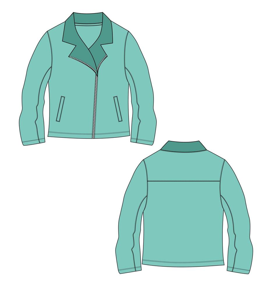 Langarm mit Reißverschluss Jacke technische Mode flache Skizze Vektor Illustration Vorlage in Windjacke Vorder- und Rückansicht.