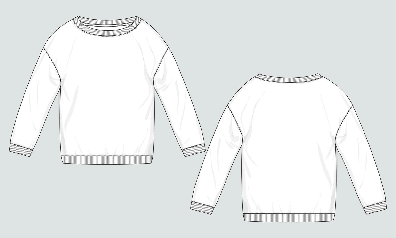 Langarm Damen Sweatshirt technische Mode flache Skizze Vektor Illustration Vorlage Vorder- und Rückansicht.