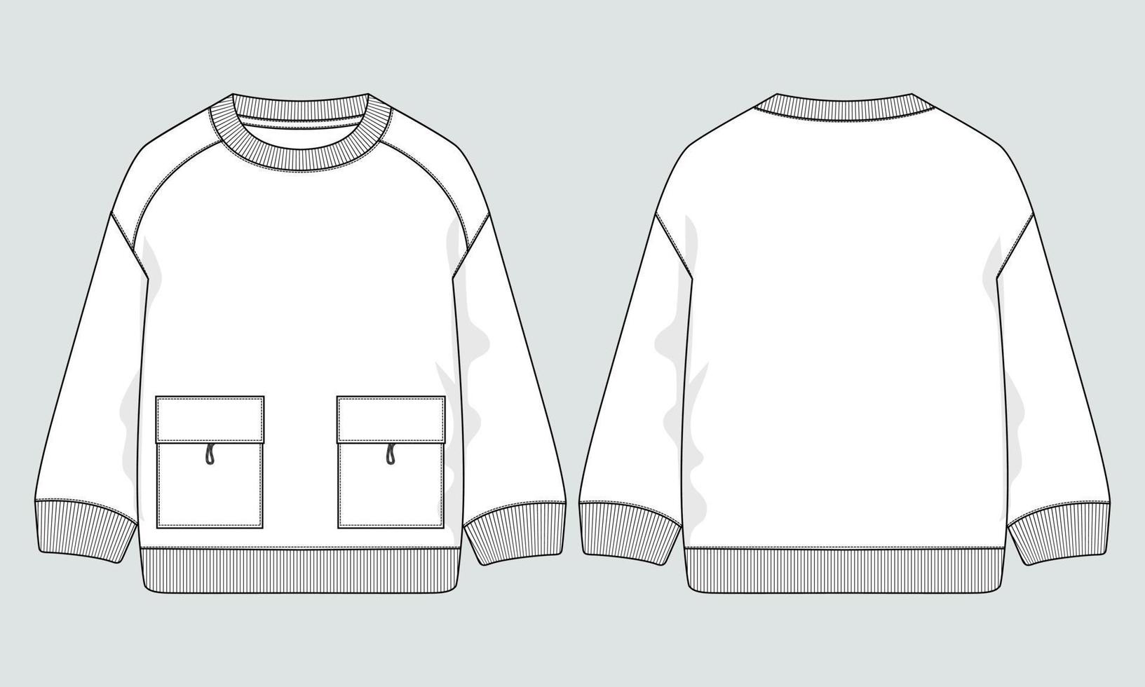 Langarm-Sweatshirt technische Mode flache Skizze Vektor Illustration Vorlage Vorder- und Rückansichten