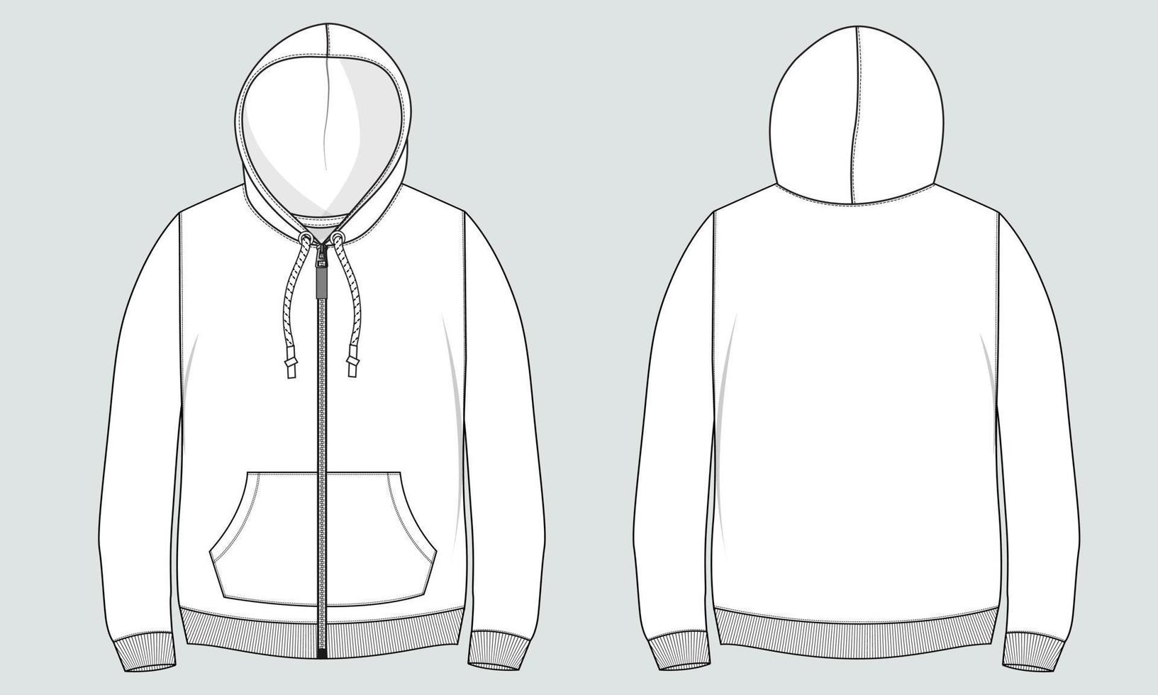 Langarm Hoodie technische Mode flache Skizze Zeichnung Vektor Illustration Vorlage Vorder- und Rückansicht.