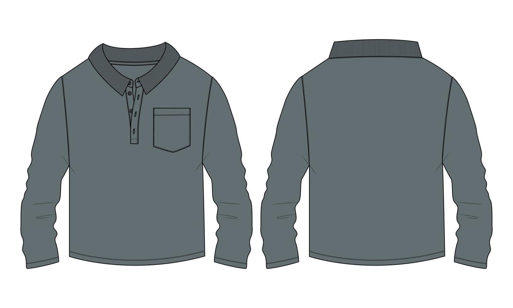 långärmad pikétröja med ficka tekniska mode platt skiss vektor illustration mall fram- och baksidan.
