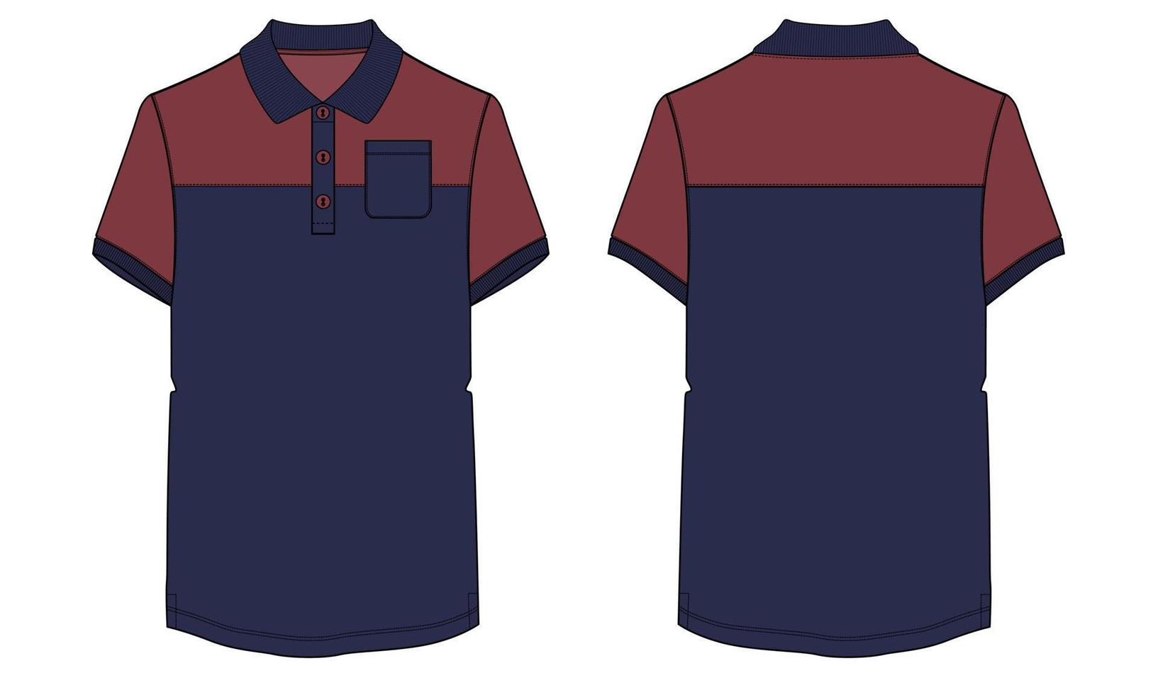 Kurzarm-Poloshirt mit Tasche technische Mode flache Skizze Vektor Illustration Vorlage Vorder- und Rückansichten.