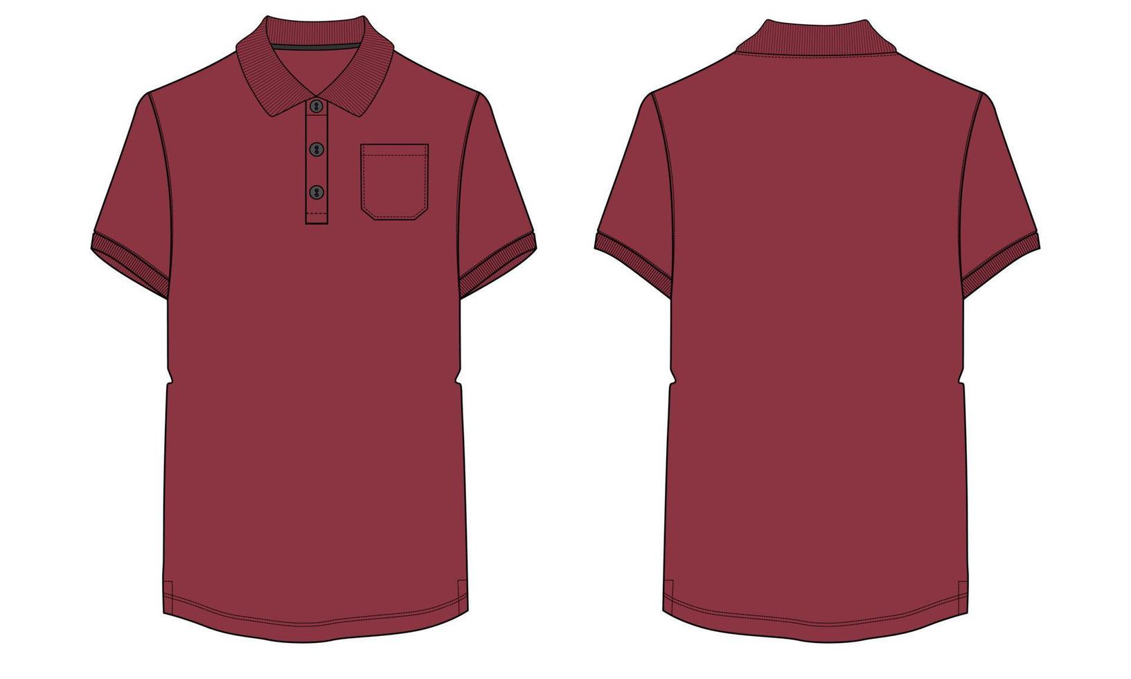 Kurzarm-Poloshirt mit Tasche technische Mode flache Skizze Vektor Illustration Vorlage Vorder- und Rückansichten.