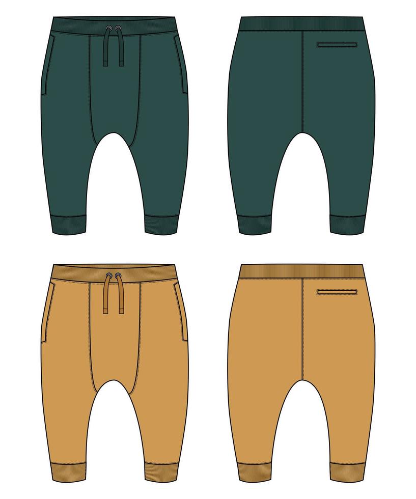 Fleece-Baumwoll-Jersey Basic-Trainingshose technische Mode flache Skizzenvorlage Vorder- und Rückansicht. vektor