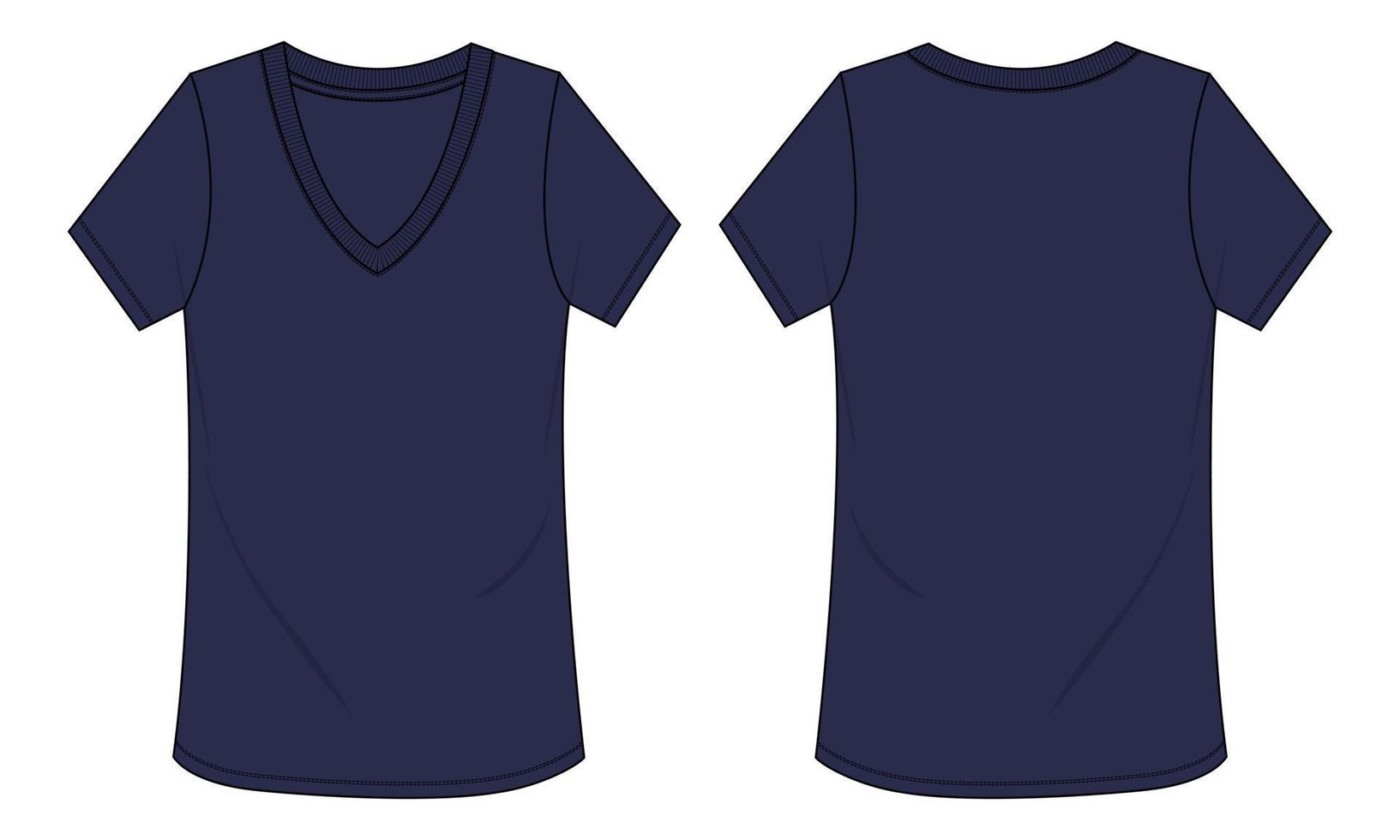 v-ringning kort ärm t-shirt teknisk skiss vektor mall för kvinnor. främre och tillbaka se.