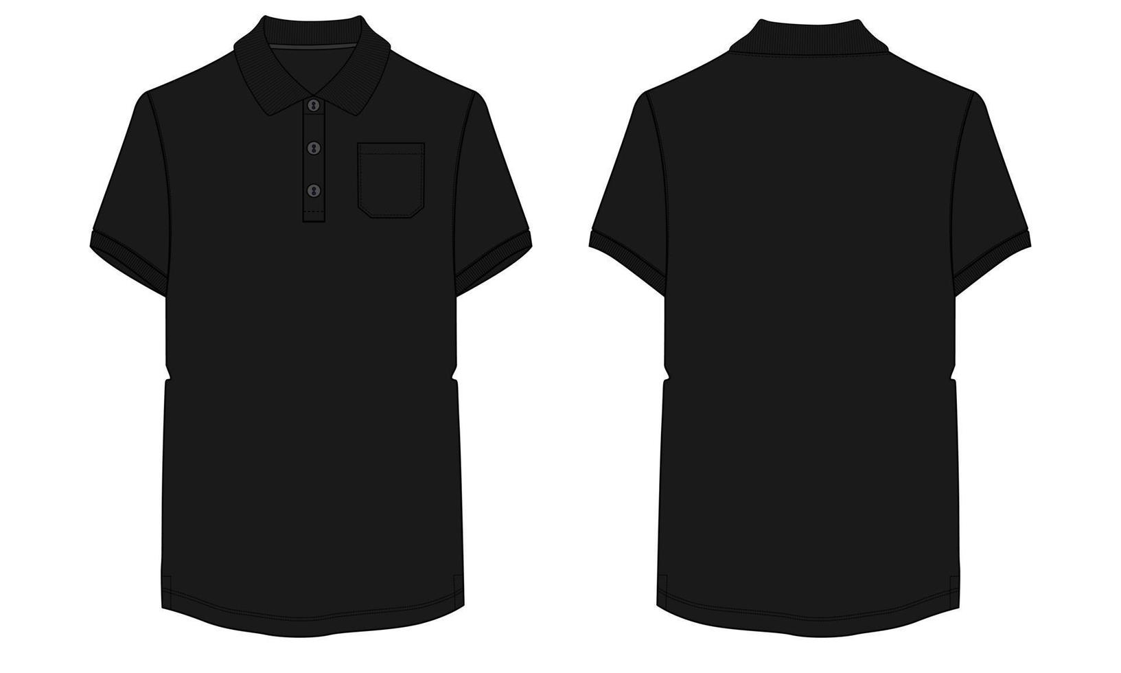 Kurzarm-Poloshirt mit Tasche technische Mode flache Skizze Vektor Illustration Vorlage Vorder- und Rückansichten.