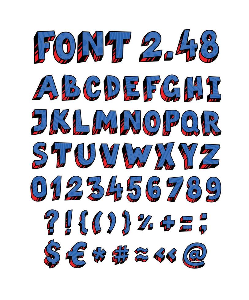 blaue englische schrift. Vektor. lineare Konturbuchstaben. Volumenfiguren, Symbole. Schriftart für geniale Designprojekte. vollständiger Satz von Buchstaben und Zahlen. lateinische farbbuchstaben. vektor