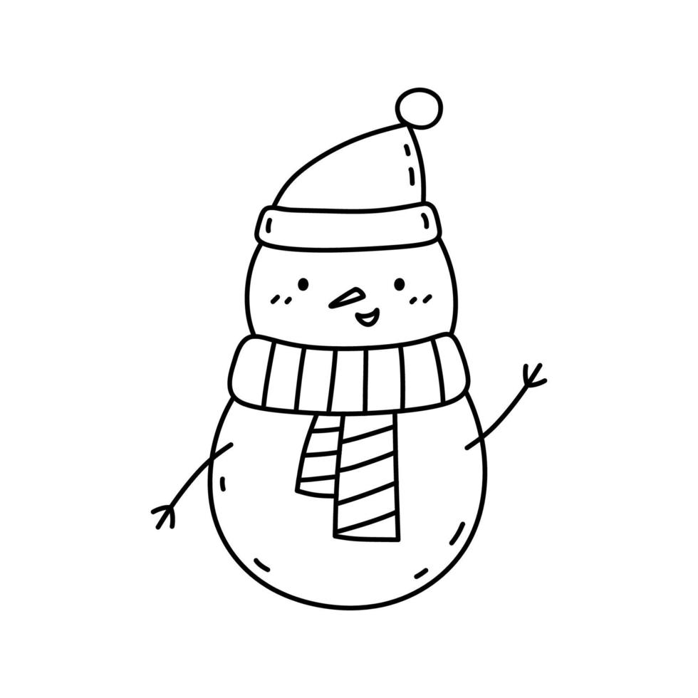 süßer Schneemann in einer Weihnachtsmütze und Schal isoliert auf weißem Hintergrund. handgezeichnete Vektorgrafik im Doodle-Stil. Kawaii-Charakter. perfekt für Karten, Dekorationen, Logos und Weihnachtsdesigns. vektor