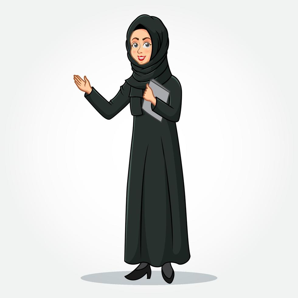 arabische geschäftsfrau zeichentrickfigur in traditioneller kleidung, die ein klemmbrett mit einladenden händen hält vektor